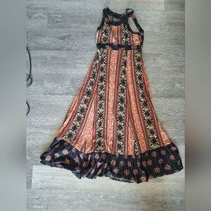 Free People Black & Coral Striped Floral Maxi Dress